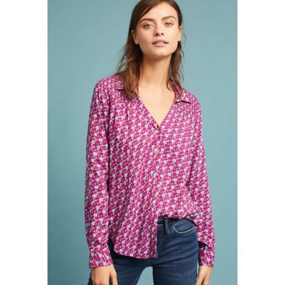 Anthropologie Maeve Emory Geometric Print Button-Up Blouse - Purple